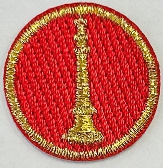 FIRE FIGHTER BUGLE, 1" CIRCLE - METALLIC GOLD on RED - SEW ON.